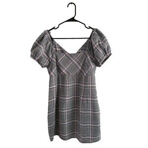 Altar’d State Plaid Mini Dress Women Size L Puff Sleeves Square Neck Preppy